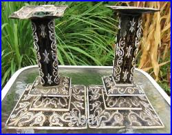 Rare Antique Early 19th Century Pair Of French Enamel On Copper Candlesticks