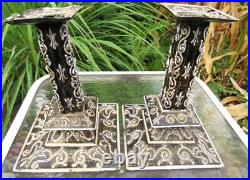 Rare Antique Early 19th Century Pair Of French Enamel On Copper Candlesticks