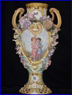 Rare Antique Early 19th Unique Hand Painted Zsolnay Vase Cupid And Angels