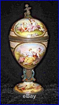 Rare Antique Early 19th Vienna Austrian Hermann Boehm Enamel On Silver Urn Vase