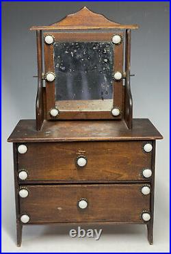 Rare Antique Early 20th C. Wooden Doll Dresser W Mirror Furniture Accessory