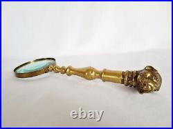 Rare Antique Early 20th Century Brass Magnifying Glass with Bull Dog Handle