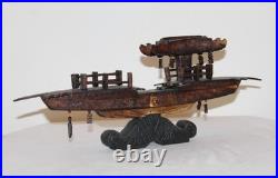 Rare Antique Early 20th Century Chinese Hand-Carved Wooden Boat Model on Stand