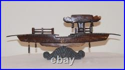 Rare Antique Early 20th Century Chinese Hand-Carved Wooden Boat Model on Stand
