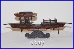 Rare Antique Early 20th Century Chinese Hand-Carved Wooden Boat Model on Stand