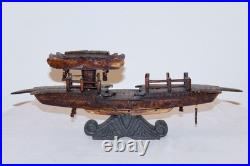 Rare Antique Early 20th Century Chinese Hand-Carved Wooden Boat Model on Stand