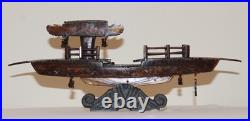 Rare Antique Early 20th Century Chinese Hand-Carved Wooden Boat Model on Stand