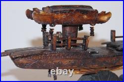 Rare Antique Early 20th Century Chinese Hand-Carved Wooden Boat Model on Stand