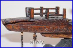 Rare Antique Early 20th Century Chinese Hand-Carved Wooden Boat Model on Stand