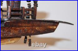 Rare Antique Early 20th Century Chinese Hand-Carved Wooden Boat Model on Stand