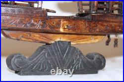 Rare Antique Early 20th Century Chinese Hand-Carved Wooden Boat Model on Stand