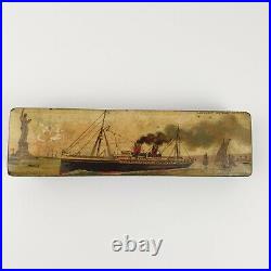 Rare Antique Early 20th Century Lacquered Box Steam Ship Approaching New York