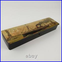 Rare Antique Early 20th Century Lacquered Box Steam Ship Approaching New York