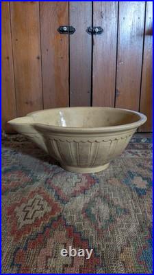 Rare Antique Early Country Large Yellowware Stained Batter Bowl with Spout 14.5