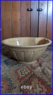 Rare Antique Early Country Large Yellowware Stained Batter Bowl with Spout 14.5