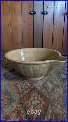 Rare Antique Early Country Large Yellowware Stained Batter Bowl with Spout 14.5 Rare Antique Early Country Large Yellowware Stained Batter Bowl with Spout 14.5