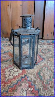 Rare Antique Early Country Metal Tin Hexagon Adjustable Candleholder Lantern 10