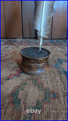 Rare Antique Early Country Primitive Wood Grain Paint Quill Inkwell 3.75