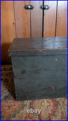 Rare Antique Early Country Wood Mini Blanket Chest Old Blue Paint SqN 18 Signed