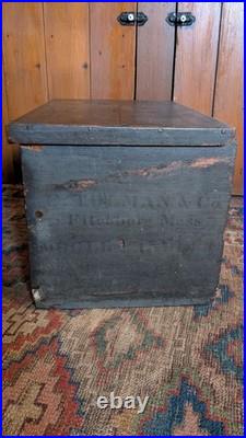 Rare Antique Early Country Wood Mini Blanket Chest Old Blue Paint SqN 18 Signed