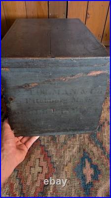 Rare Antique Early Country Wood Mini Blanket Chest Old Blue Paint SqN 18 Signed