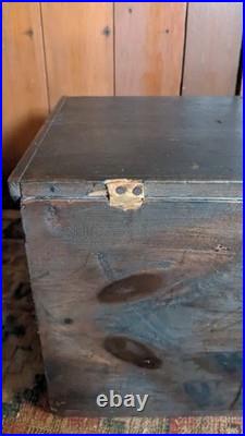 Rare Antique Early Country Wood Mini Blanket Chest Old Blue Paint SqN 18 Signed