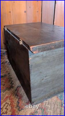 Rare Antique Early Country Wood Mini Blanket Chest Old Blue Paint SqN 18 Signed