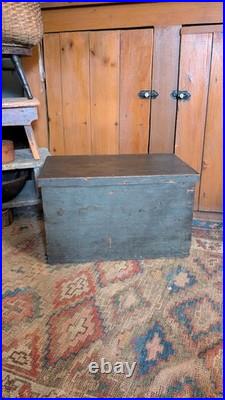 Rare Antique Early Country Wood Mini Blanket Chest Old Blue Paint SqN 18 Signed