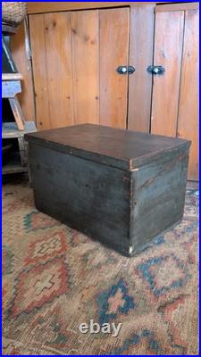 Rare Antique Early Country Wood Mini Blanket Chest Old Blue Paint SqN 18 Signed