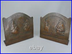 Rare Antique Early Craftsman Studios Arts and Crafts Landscape Copper Bookends