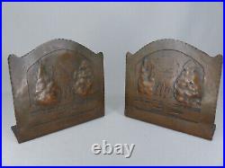 Rare Antique Early Craftsman Studios Arts and Crafts Landscape Copper Bookends