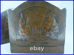 Rare Antique Early Craftsman Studios Arts and Crafts Landscape Copper Bookends