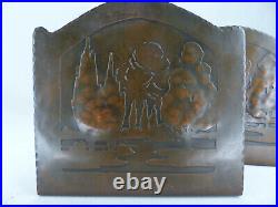 Rare Antique Early Craftsman Studios Arts and Crafts Landscape Copper Bookends