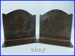 Rare Antique Early Craftsman Studios Arts and Crafts Landscape Copper Bookends