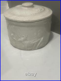 Rare Antique Early McCoy Pottery Deer & Indian Butter Crock with Lid Hard To Find