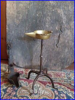 Rare Antique Early Metal Handforged Footed Betty Grease Tidy Lamp Stand 9.5