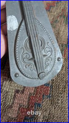 Rare Antique Early Metal Tin German Guitar Chocolate Mold 8.25 Signed
