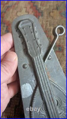 Rare Antique Early Metal Tin German Guitar Chocolate Mold 8.25 Signed