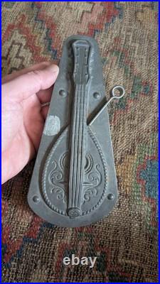 Rare Antique Early Metal Tin German Guitar Chocolate Mold 8.25 Signed