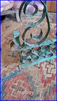 Rare Antique Early Metal Tin PA Heart 6 Hook Utensil Rack Holder Green Paint 17