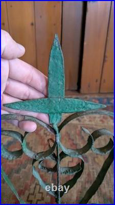 Rare Antique Early Metal Tin PA Heart 6 Hook Utensil Rack Holder Green Paint 17