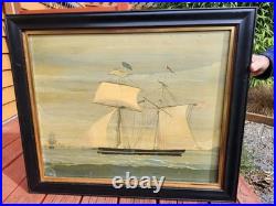 Rare Antique Early Primitive 1800's Pierhead Portrait Schooner Nautical Folk Art