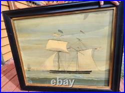 Rare Antique Early Primitive 1800's Pierhead Portrait Schooner Nautical Folk Art