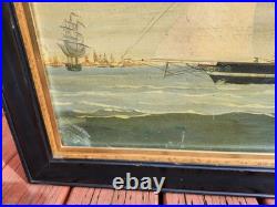 Rare Antique Early Primitive 1800's Pierhead Portrait Schooner Nautical Folk Art