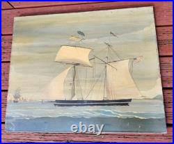 Rare Antique Early Primitive 1800's Pierhead Portrait Schooner Nautical Folk Art