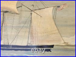 Rare Antique Early Primitive 1800's Pierhead Portrait Schooner Nautical Folk Art