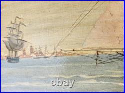 Rare Antique Early Primitive 1800's Pierhead Portrait Schooner Nautical Folk Art