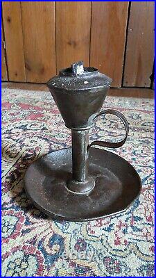Rare Antique Early Primitive Metal Tin Lard Whale Grease Oil Lamp 7 Patina