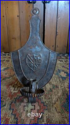 Rare Antique Early Primitive Metal Tin Punched Shield Candleholder Sconce 14.5