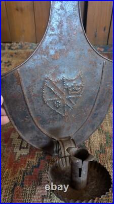 Rare Antique Early Primitive Metal Tin Punched Shield Candleholder Sconce 14.5
